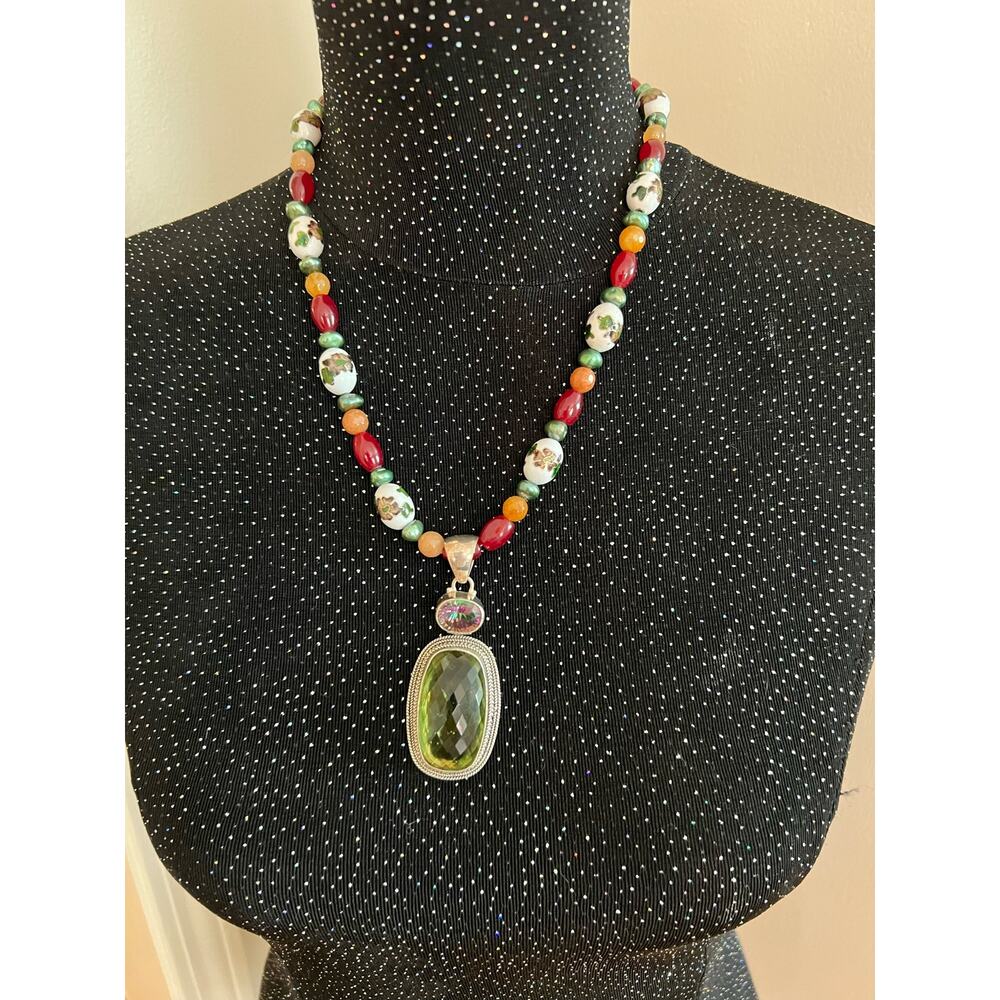 22” Cloisonne Necklace w/Sterling Amethyst and Topaz Medallion, Pearls and Beads